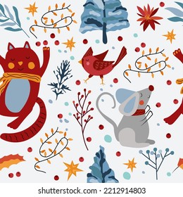 Seamless patterns with winter animals, funny cat in a scarf, cute mouse, cardinal bird, Christmas tree decorations, garland and flowers. Magic winter pattern. Vector illustration.