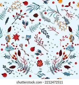 Seamless patterns with winter flowers, Christmas tree decorations, garland, bright flower and colorful leaves. Magic winter pattern. Vector illustration.