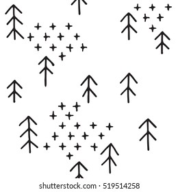 Seamless patterns winter, hand-drawn in black ink.