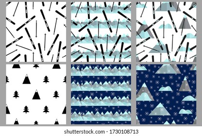 Seamless patterns. Winter set. Ski, mountains. Vector illustration