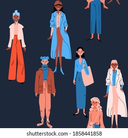 Seamless patterns of women in bright casual clothes. A group of diverse girls in blue, orange trendy robes against a dark background. Close-up vector stock colorful illustration in cartoon style.
