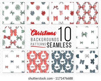 Seamless patterns with xmas bows. Set of 10 repeatable backgrounds for Christmas cards, flyers, postcard, package paper. Hand drawn bows.