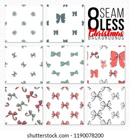 Seamless patterns with xmas bows. Set of 8 repeatable backgrounds for Christmas cards, flyers, postcard, package paper. Hand drawn bows.