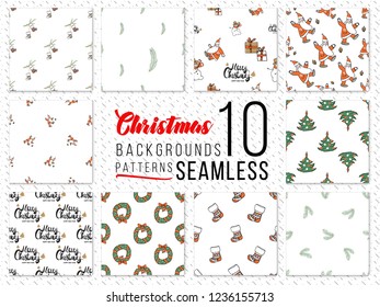 Seamless patterns with xmas elements and symbols. Set of 10 repeatable backgrounds for Christmas cards, flyers, postcard, package paper. Hand drawn bows.
