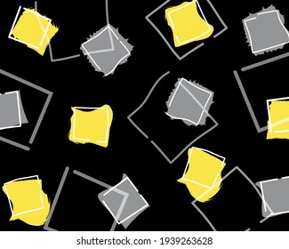 Seamless patterns. Yellow and gray squares on black background hand-drawing doodle in art nouveau style. For the background of web design, textile, packaging.