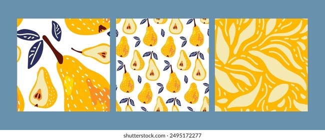 Seamless patterns with Yellow Pear and abstract forms. Set of three. Repeated vector backgrounds for menu, wallpaper, wrapping paper, packing, textile. Farmers market, Vegan food. hand drawn fruit.