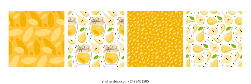 Patrones sin fisuras con mermelada de pera amarilla y formas abstractas. Juego de cuatro. Peras enlatadas. Fondos de Vector planos repetidos para el menú, Fondo de pantalla, papel de embalaje, embalaje, textil. Mercado de agricultores, Comida vegana.