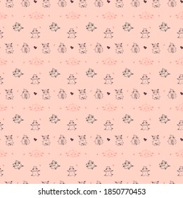 Seamless patterns. Yoga for farm animals. Playful cute sheep go in for sports, meditation and gymnastics. Vector on a pink background. For packaging, textiles, wallpaper and childrens collection