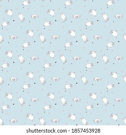 Seamless patterns. Yoga for pets. cute white sheep are engaged in fitness and meditation. Vector farm animals on a blue background with hearts. For packaging, textiles, wallpaper and kids collection