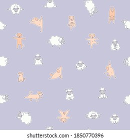 Seamless patterns. Yoga for pets and farm animals. cute dogs and lambs practice fitness, gymnastics and standing asanas. Vector illustration. Mammals stickers on a purple background.