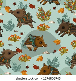 Seamless patterns for your projects. The imagery of wild boar in the scarves of the cold autumn