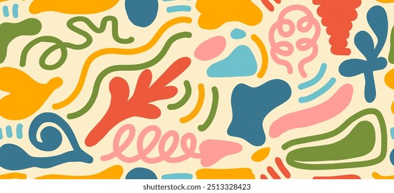 seamless patterns.Colorful hand drawn organic shapes,lines,doodles and elements