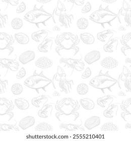 Seamless pattern,seafood,fish,tuna,line pattern,squid,crab,shrimp,lobster,caviar. Packaging, wrapping, background.