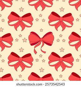 Seamless pattern,simple hand drawn ribbon bows. Red celebratory background