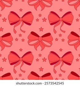 Seamless pattern,simple hand drawn ribbon linear bows. Red background