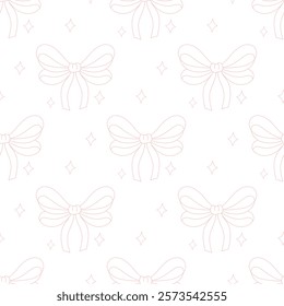 Seamless pattern,simple hand drawn ribbon pink linear bows. Stars festive background