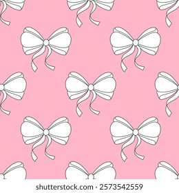 Seamless pattern,simple hand drawn ribbon bows. Black silhouette linear on a pink background