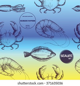 Seamless pattern.Sketch of crab, flounder, shrimp, squid. Vector illustration set in stippling style with geometric shapes. Dot artwork