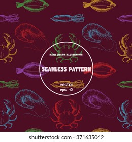 Seamless pattern.Sketch of crab, flounder, shrimp, squid. Vector illustration set in stippling style with geometric shapes. Dot artwork