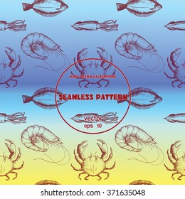 Seamless pattern.Sketch of crab, flounder, shrimp, squid. Vector illustration set in stippling style with geometric shapes. Dot artwork