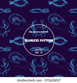 Seamless pattern.Sketch of crab, flounder, shrimp, squid. Vector illustration set in stippling style with geometric shapes. Dot artwork
