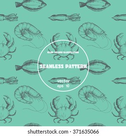 Seamless pattern.Sketch of crab, flounder, shrimp, squid. Vector illustration set in stippling style with geometric shapes. Dot artwork