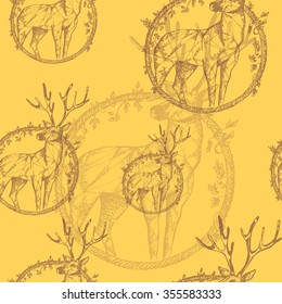 Seamless pattern.Sketch of deer.Vector illustration in stippling style with geometric shapes. Dot artwork