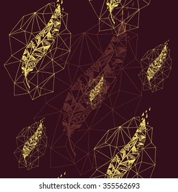 Seamless pattern.Sketch of feather.Vector illustration in stippling style with geometric shapes. Dot artwork