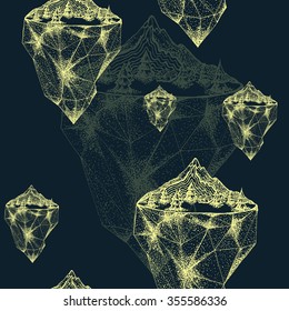 Seamless pattern.Sketch of island.Vector illustration in stippling style with geometric shapes. Dot artwork