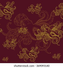 Seamless pattern.Sketch of octopus.Vector illustration in stippling style with geometric shapes. Dot artwork