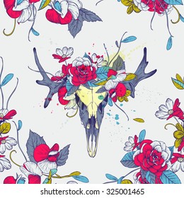 Seamless pattern.Skull of deer in flowers. Vintage and hipster style. Vector illustration, hatching lines.