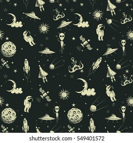 seamless pattern.Space life and objects. Vector hand drawn wallpaper