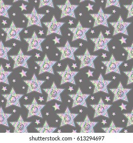 Seamless pattern.Stars with solar system. Icons symbols of trinity: beauty, health, strength and new hippie love sign. Vector illustration. Background with holographic effect for your designs. 