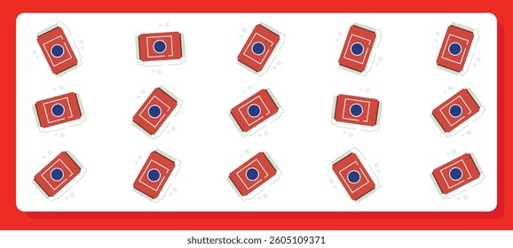 A seamless pattern-style digital illustration featuring red rectangular objects resembling beverage cans, each with a centered blue circle and white border details