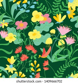 Seamless patternt with flower and leaves. Background with floral elements  in cute doodle style. Vector illustration with spring and summer meadow, flying insects