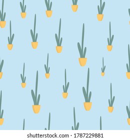 Seamless patternt Houseplant in ceramic pot flat vector illustration. Evergreen plant isolated on blue background.