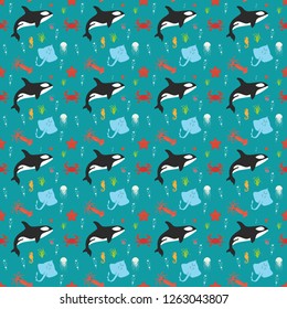 Seamless patternt with sea creatures on blue background. Whale, crab, shrimp, sea horse, jellyfish, stingray, squid, starfish with seaweed and bubbles. Vector illustration