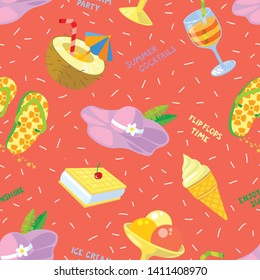 Seamless patternt with summer objects. Background with ice cream, flip flop, hat and cocktail  in cute cartoon style. Vector illustration for seasonal designs, backdrops, surfaces