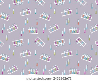 Seamless patternTest tubes with colorful liquids in holder on white background. Chemical equipment for experiments. Vector illustration in a flat doodle style.