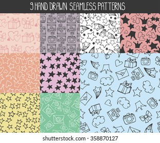 Seamless  pattern.Trendy Hand drawing blog background with lihear doodle design elements. Vector  illustration,vintage sketch.Wallpaper,backdrop, cute feminine decoration,colored, silhouette