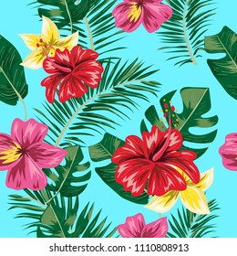 Seamless pattern.Tropical leaf and flower background.Palm leaf wallpaper.Hand draw summer illustration.