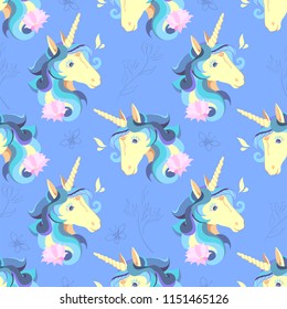 Seamless pattern.Unicorns on a blue background.Hand drawn illustration