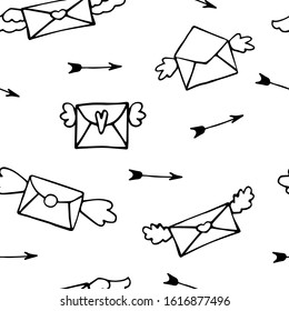 Seamless pattern.Valentines day. Winged letters of love.Love, line icons - hearts, letters, arrows, valentine background. White colored wallpaper for february 14 celebration and wedding.Print on paper