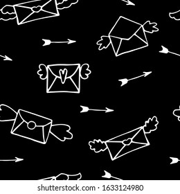 Seamless pattern.Valentines day. Winged letters of love.Love, line icons - hearts, letters, arrows, valentine background.Black colored wallpaper for february 14 celebration and wedding. Print on paper