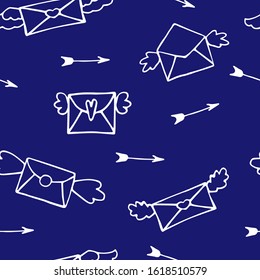 Seamless pattern.Valentines day.Winged letters of love.Love,line icons-hearts,letters,arrows,valentine background.Blue colored wallpaper for february 14 celebration and wedding.Print on paper.Vector.