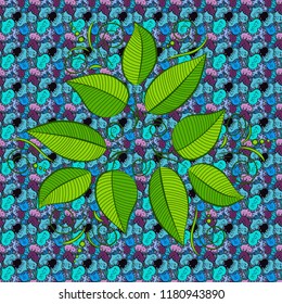 Seamless pattern.Various and tropical palm leaves, jungle leaves, botanical Vector illustration. On blue, green and black colors.