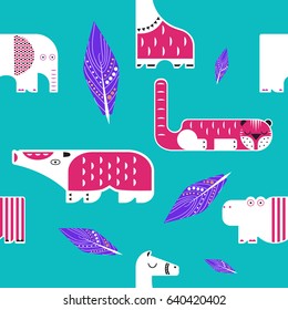 Seamless pattern.Vector illustration. Set of wild animals. flat design. 