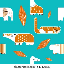 Seamless pattern.Vector illustration. Set of wild animals. flat design. 