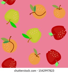 Seamless patternw with red and green apples and apricots on pink background. Vector illustration.