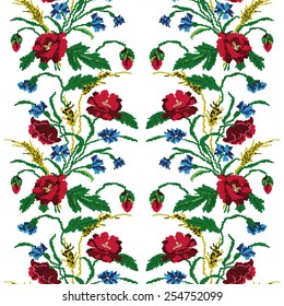 Seamless pattern.Wallpapers or textile.Color  bouquet of flowers (poppies,ears of wheat and cornflowers) using traditional Ukrainian embroidery elements.  Can be used as pixel-art. Eps 10.